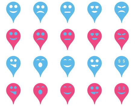 Emotion map marker icons. Glyph set style is bicolor flat images, pink and blue symbols, isolated on a white background.