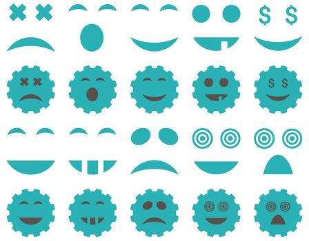Tool, gear, smile, emotion icons. Glyph set style is bicolor flat images, grey and cyan symbols, isolated on a white background.