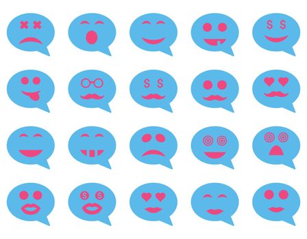 Chat emotion smile icons. Glyph set style is bicolor flat images, pink and blue symbols, isolated on a white background.