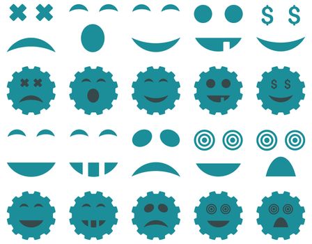Tool, gear, smile, emotion icons. Glyph set style is bicolor flat images, soft blue symbols, isolated on a white background.