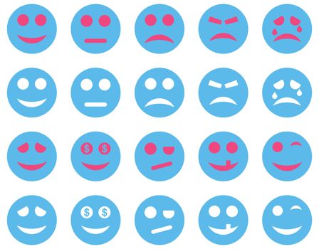 Smile and emotion icons. Glyph set style is bicolor flat images, pink and blue symbols, isolated on a white background.