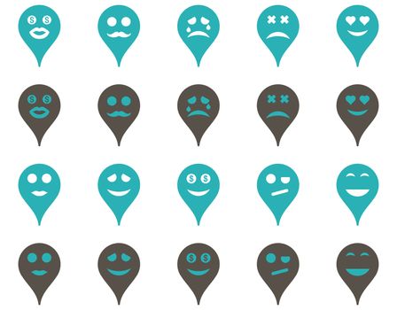 Emotion map marker icons. Glyph set style is bicolor flat images, grey and cyan symbols, isolated on a white background.