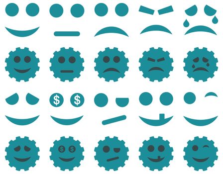 Tools, gears, smiles, emoticons icons. Glyph set style is bicolor flat images, soft blue symbols, isolated on a white background.