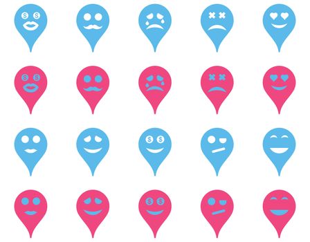 Emotion map marker icons. Glyph set style is bicolor flat images, pink and blue symbols, isolated on a white background.