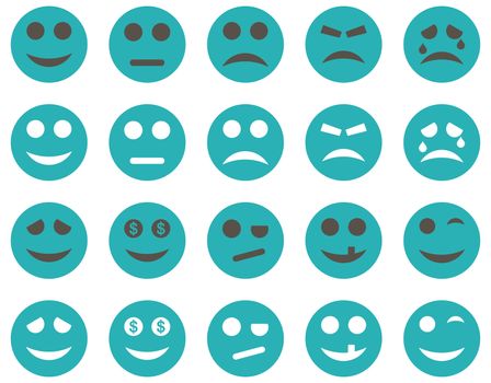 Smile and emotion icons. Glyph set style is bicolor flat images, grey and cyan symbols, isolated on a white background.