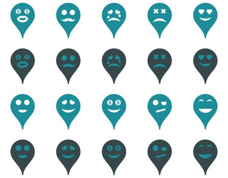 Emotion map marker icons. Glyph set style is bicolor flat images, soft blue symbols, isolated on a white background.
