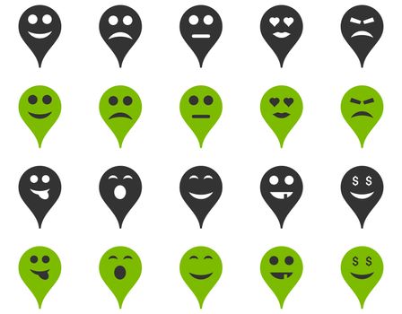 Emotion map marker icons. Glyph set style is bicolor flat images, eco green and gray symbols, isolated on a white background.