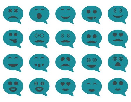 Chat emotion smile icons. Glyph set style is bicolor flat images, soft blue symbols, isolated on a white background.
