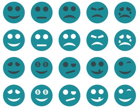 Smile and emotion icons. Glyph set style is bicolor flat images, soft blue symbols, isolated on a white background.