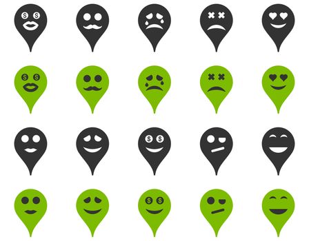 Emotion map marker icons. Glyph set style is bicolor flat images, eco green and gray symbols, isolated on a white background.