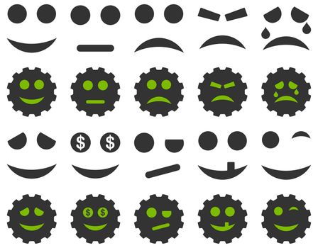 Tools, gears, smiles, emoticons icons. Glyph set style is bicolor flat images, eco green and gray symbols, isolated on a white background.