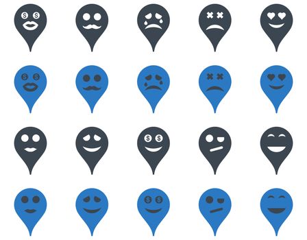 Emotion map marker icons. Glyph set style is bicolor flat images, smooth blue symbols, isolated on a white background.