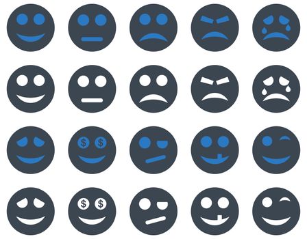 Smile and emotion icons. Glyph set style is bicolor flat images, smooth blue symbols, isolated on a white background.