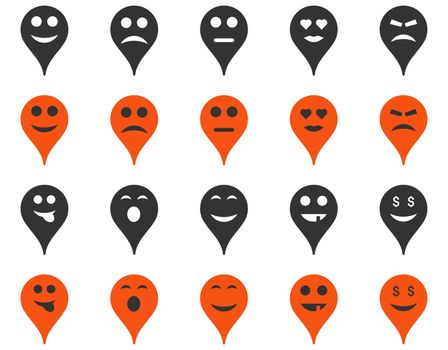 Emotion map marker icons. Glyph set style is bicolor flat images, orange and gray symbols, isolated on a white background.