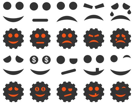 Tools, gears, smiles, emoticons icons. Glyph set style is bicolor flat images, orange and gray symbols, isolated on a white background.