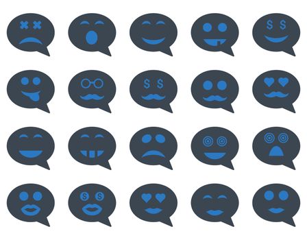 Chat emotion smile icons. Glyph set style is bicolor flat images, smooth blue symbols, isolated on a white background.