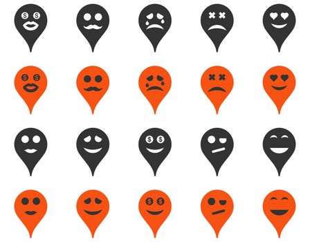 Emotion map marker icons. Glyph set style is bicolor flat images, orange and gray symbols, isolated on a white background.