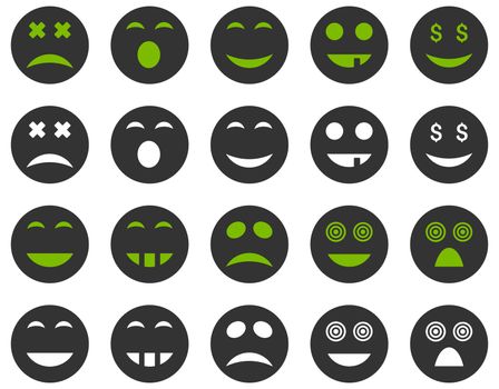 Smile and emotion icons. Glyph set style is bicolor flat images, eco green and gray symbols, isolated on a white background.