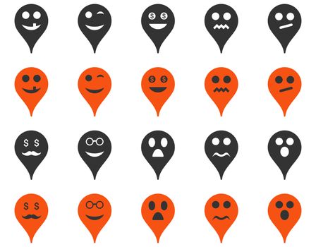 Emotion map marker icons. Glyph set style is bicolor flat images, orange and gray symbols, isolated on a white background.