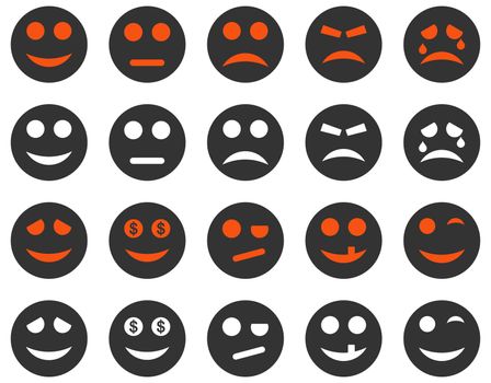 Smile and emotion icons. Glyph set style is bicolor flat images, orange and gray symbols, isolated on a white background.