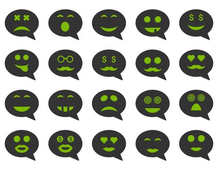 Chat emotion smile icons. Glyph set style is bicolor flat images, eco green and gray symbols, isolated on a white background.