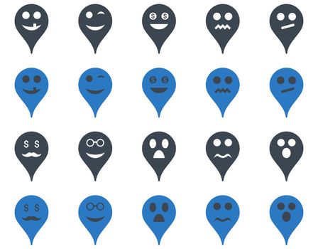 Emotion map marker icons. Glyph set style is bicolor flat images, smooth blue symbols, isolated on a white background.