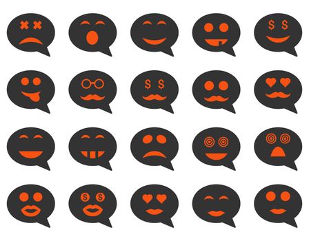 Chat emotion smile icons. Glyph set style is bicolor flat images, orange and gray symbols, isolated on a white background.