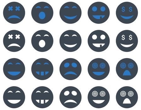 Smile and emotion icons. Glyph set style is bicolor flat images, smooth blue symbols, isolated on a white background.