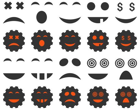 Tool, gear, smile, emotion icons. Glyph set style is bicolor flat images, orange and gray symbols, isolated on a white background.