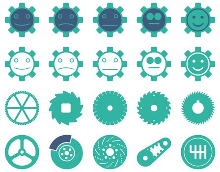 Tools and Smile Gears Icons. Icon set style is bicolor flat images, cobalt and cyan colors, isolated on a white background.