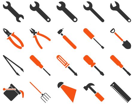 Equipment and Tools Icons. Icon set style is bicolor flat images, orange and gray colors, isolated on a white background.