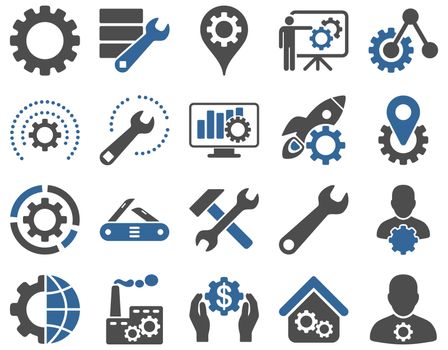 Settings and Tools Icons. Icon set style is bicolor flat images, cobalt and gray colors, isolated on a white background.