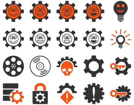 Tools and Smile Gears Icons. Icon set style is bicolor flat images, orange and gray colors, isolated on a white background.