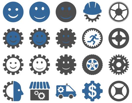 Tools and Smile Gears Icons. Icon set style is bicolor flat images, cobalt and gray colors, isolated on a white background.