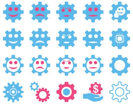 Tools and Smile Gears Icons. Icon set style is bicolor flat images, pink and blue colors, isolated on a white background.