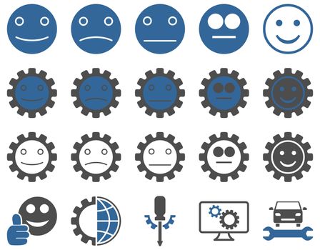 Tools and Smile Gears Icons. Icon set style is bicolor flat images, cobalt and gray colors, isolated on a white background.