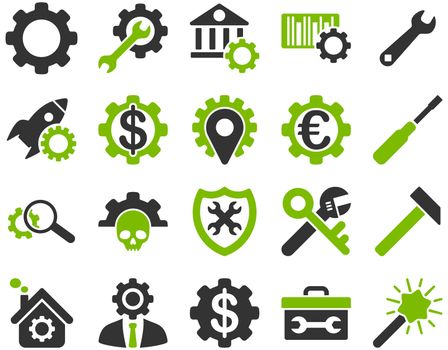 Settings and Tools Icons. Icon set style is bicolor flat images, eco green and gray colors, isolated on a white background.