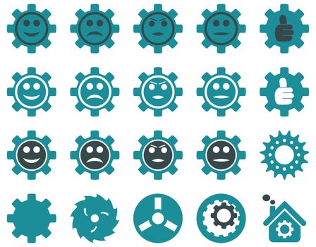 Tools and Smile Gears Icons. Icon set style is bicolor flat images, soft blue colors, isolated on a white background.