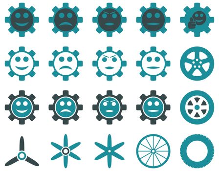 Tools and Smile Gears Icons. Icon set style is bicolor flat images, soft blue colors, isolated on a white background.