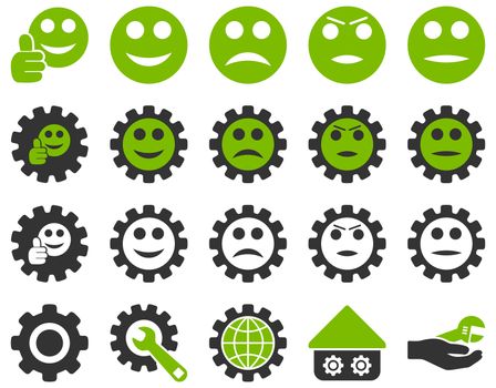 Settings and Smile Gears Icons. Icon set style is bicolor flat images, eco green and gray colors, isolated on a white background.