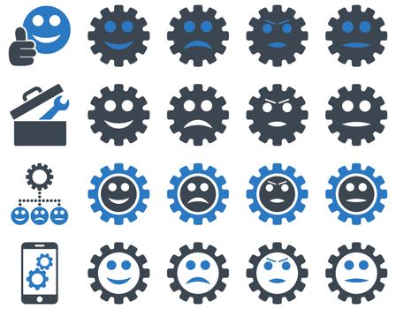 Tools and Smile Gears Icons. Icon set style is bicolor flat images, smooth blue colors, isolated on a white background.