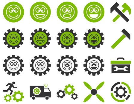 Tools and Smile Gears Icons. Icon set style is bicolor flat images, eco green and gray colors, isolated on a white background.