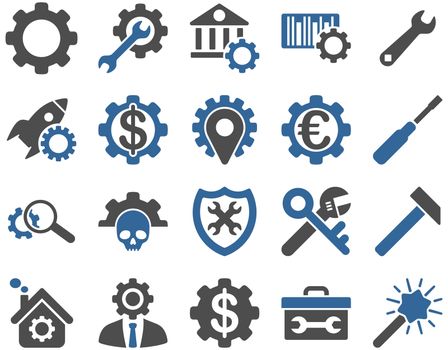 Settings and Tools Icons. Icon set style is bicolor flat images, cobalt and gray colors, isolated on a white background.