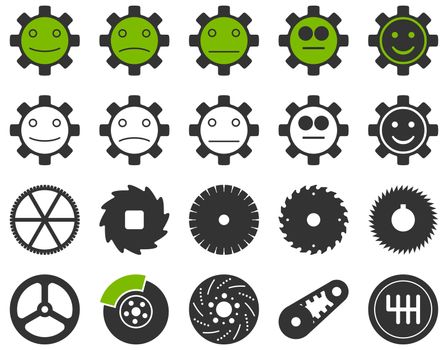 Tools and Smile Gears Icons. Icon set style is bicolor flat images, eco green and gray colors, isolated on a white background.