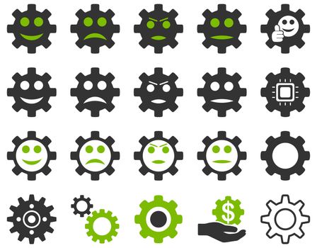 Tools and Smile Gears Icons. Icon set style is bicolor flat images, eco green and gray colors, isolated on a white background.