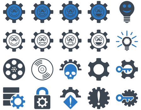 Tools and Smile Gears Icons. Icon set style is bicolor flat images, smooth blue colors, isolated on a white background.