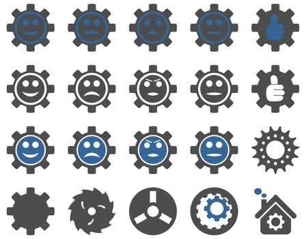 Tools and Smile Gears Icons. Icon set style is bicolor flat images, cobalt and gray colors, isolated on a white background.