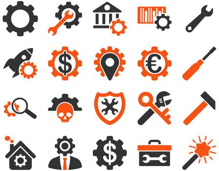 Settings and Tools Icons. Icon set style is bicolor flat images, orange and gray colors, isolated on a white background.