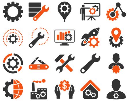 Settings and Tools Icons. Icon set style is bicolor flat images, orange and gray colors, isolated on a white background.