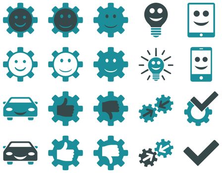 Tools and Smile Gears Icons. Icon set style is bicolor flat images, soft blue colors, isolated on a white background.